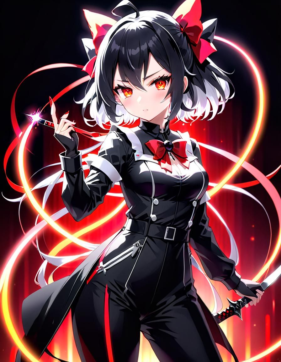 Anime female assassin with red eyes, black and white hair, wearing a black jumpsuit and small red bow at her waist, a bl...