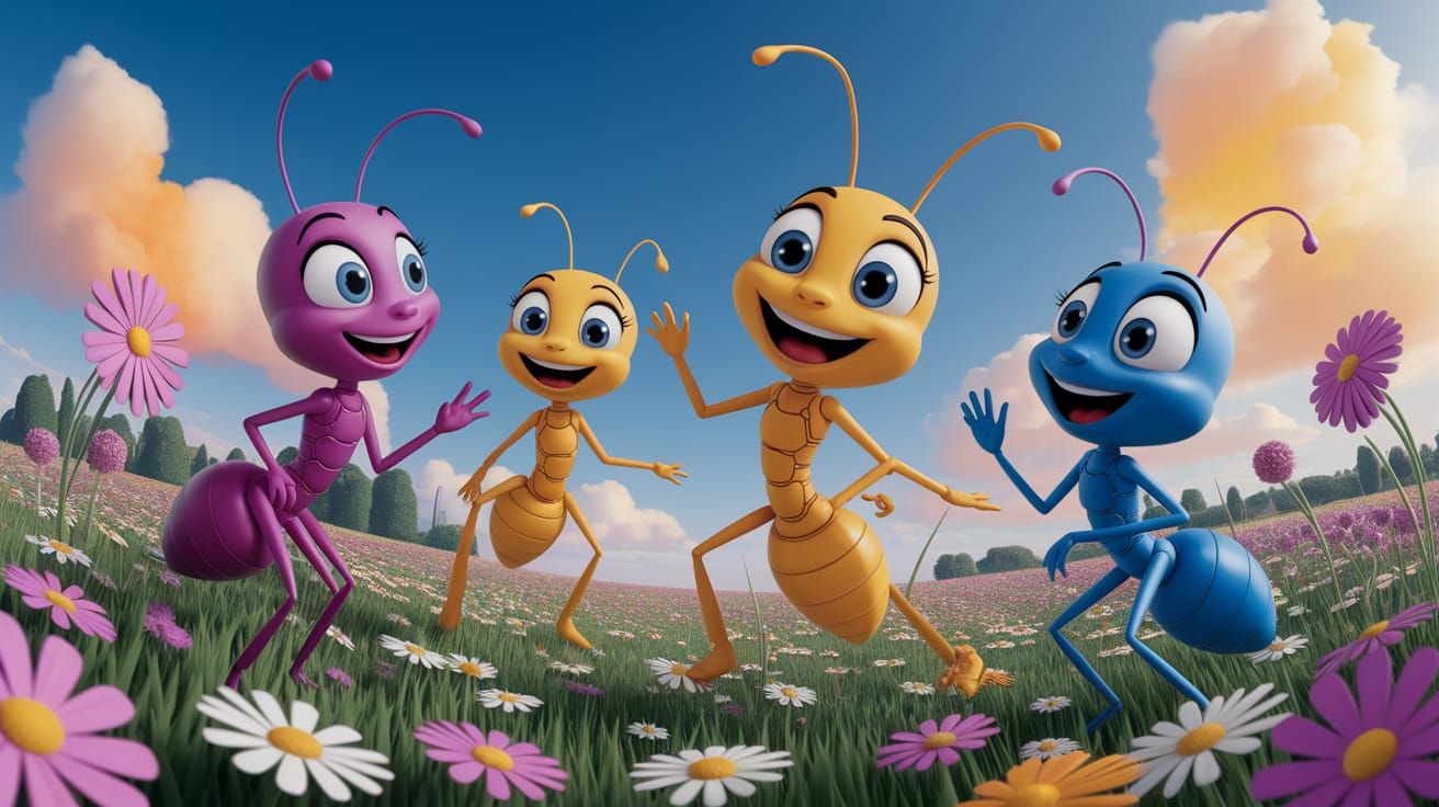 Joyful Ants Dancing in Flowers, Animated Style