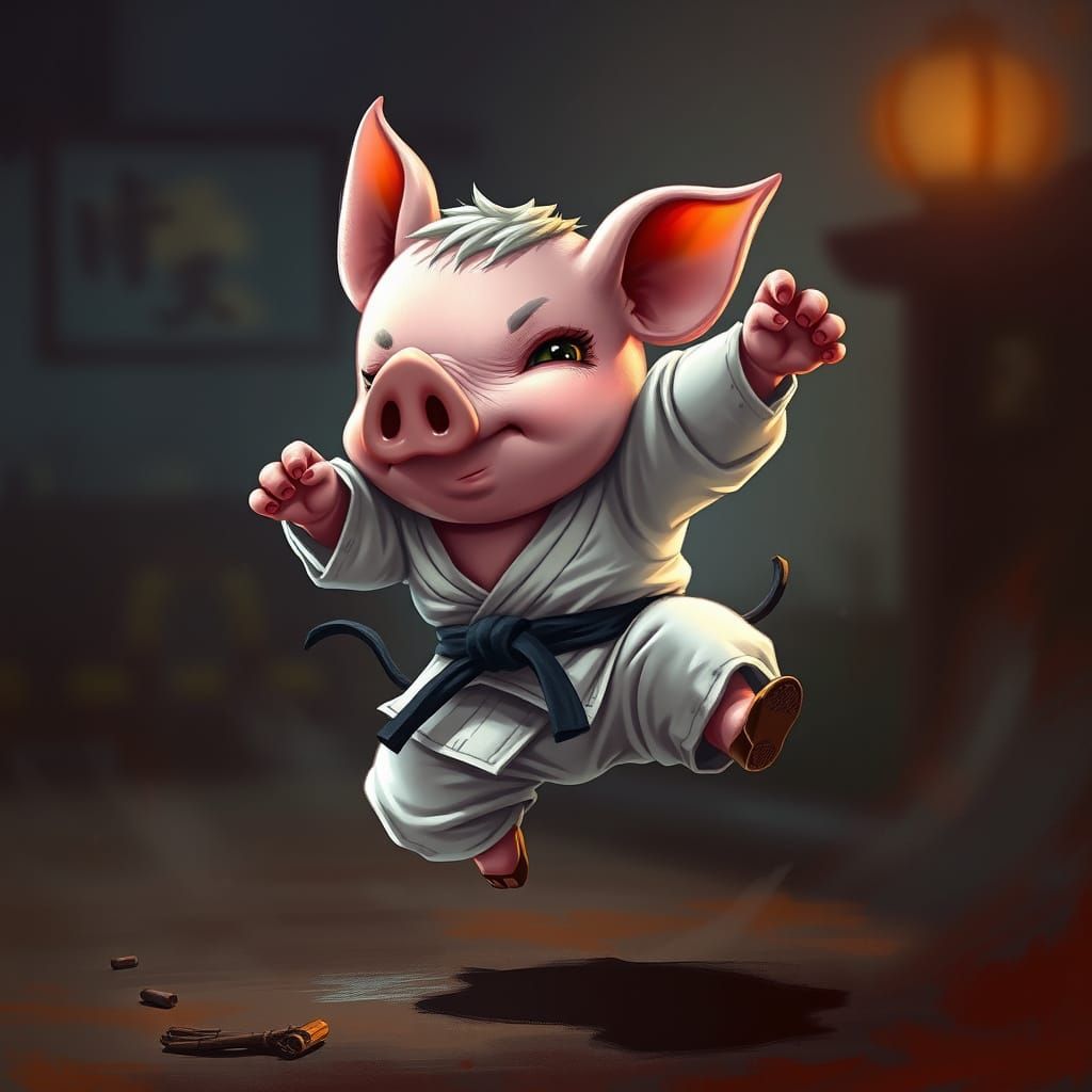 Chibi Pig Mid-Air Karate Chop in Digital Art Style