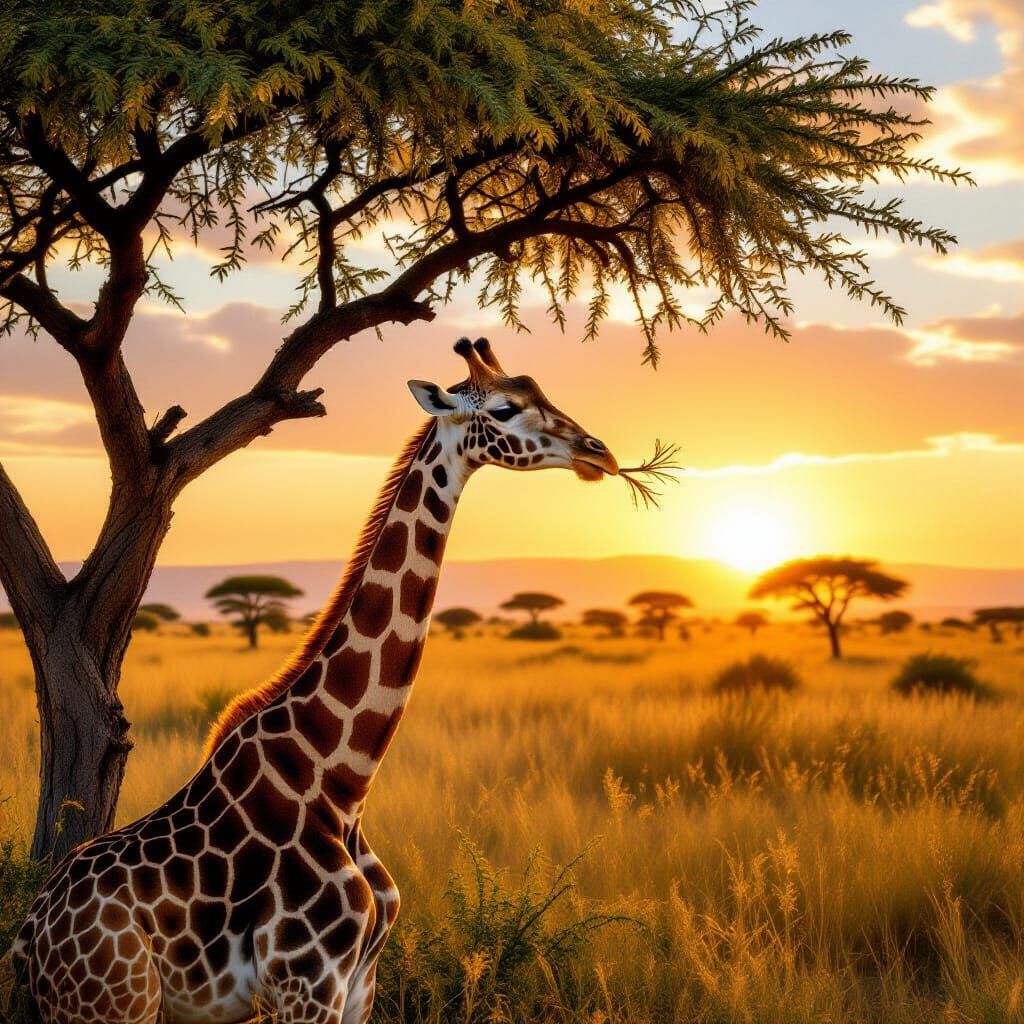 Giraffe Reaching for Leaves on African Savannah