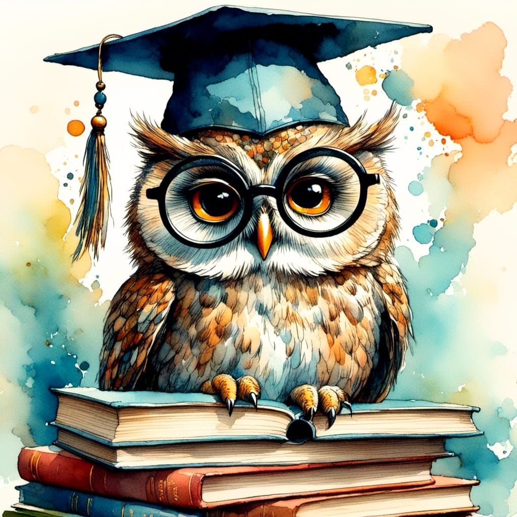 Cartoon Owl Professor Portrait in Watercolor Style