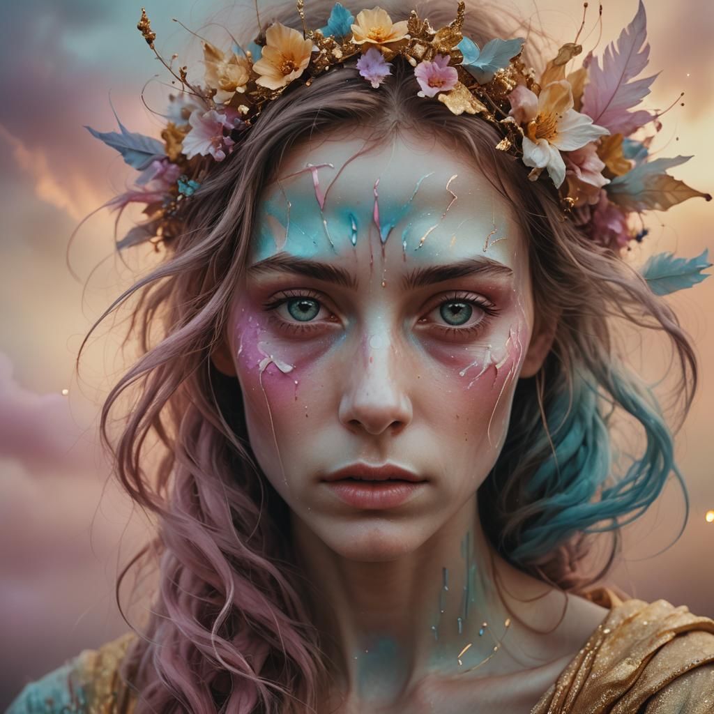 Ethereal Being Touches Painted Skies: Dreamy Digital Art