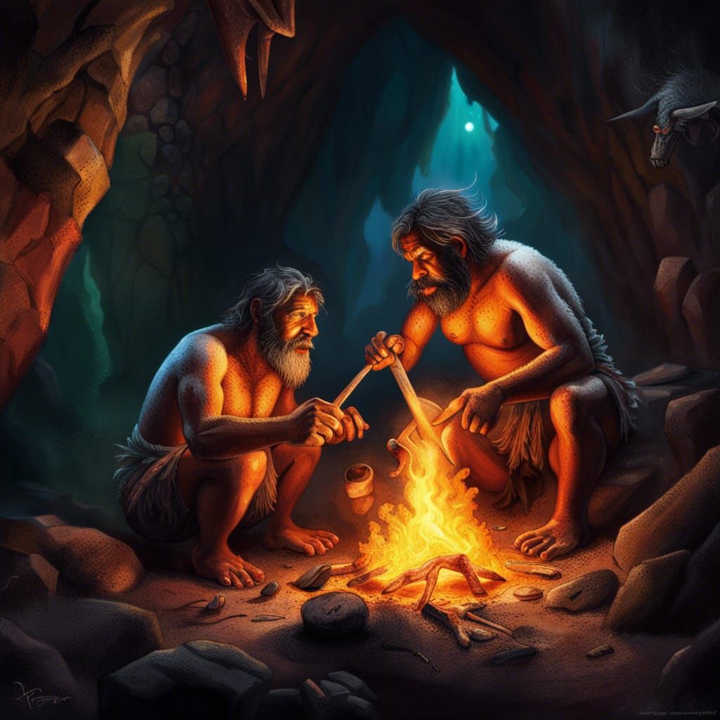 Cavemen Discover Fire and Cook Dinosaur: Hyperrealistic Art