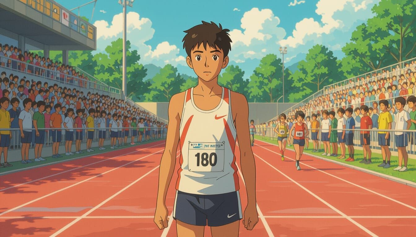 Teenage Runner at Starting Line, Ghibli Anime Style