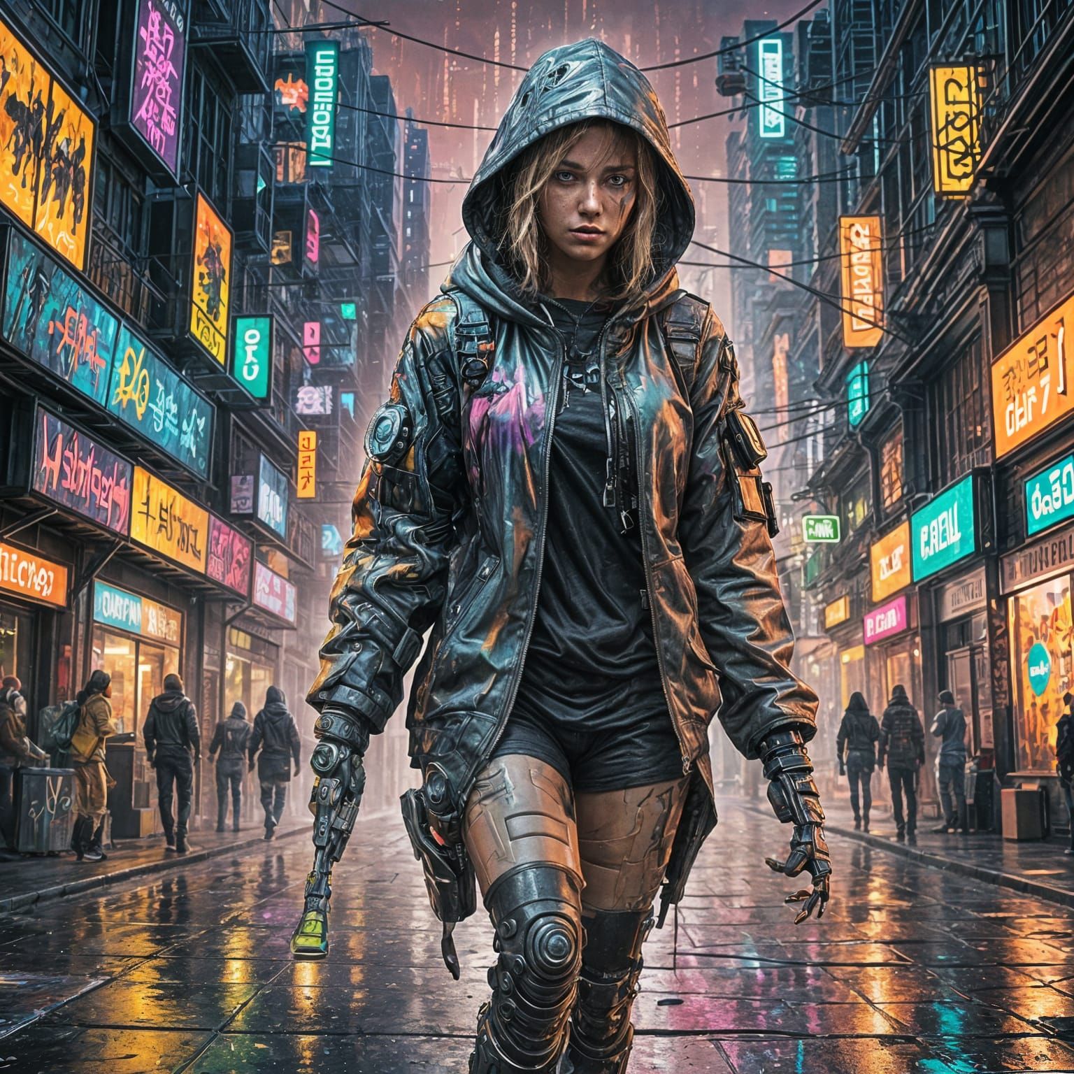 Cyborg in Sci-Fi City with Graffiti Art