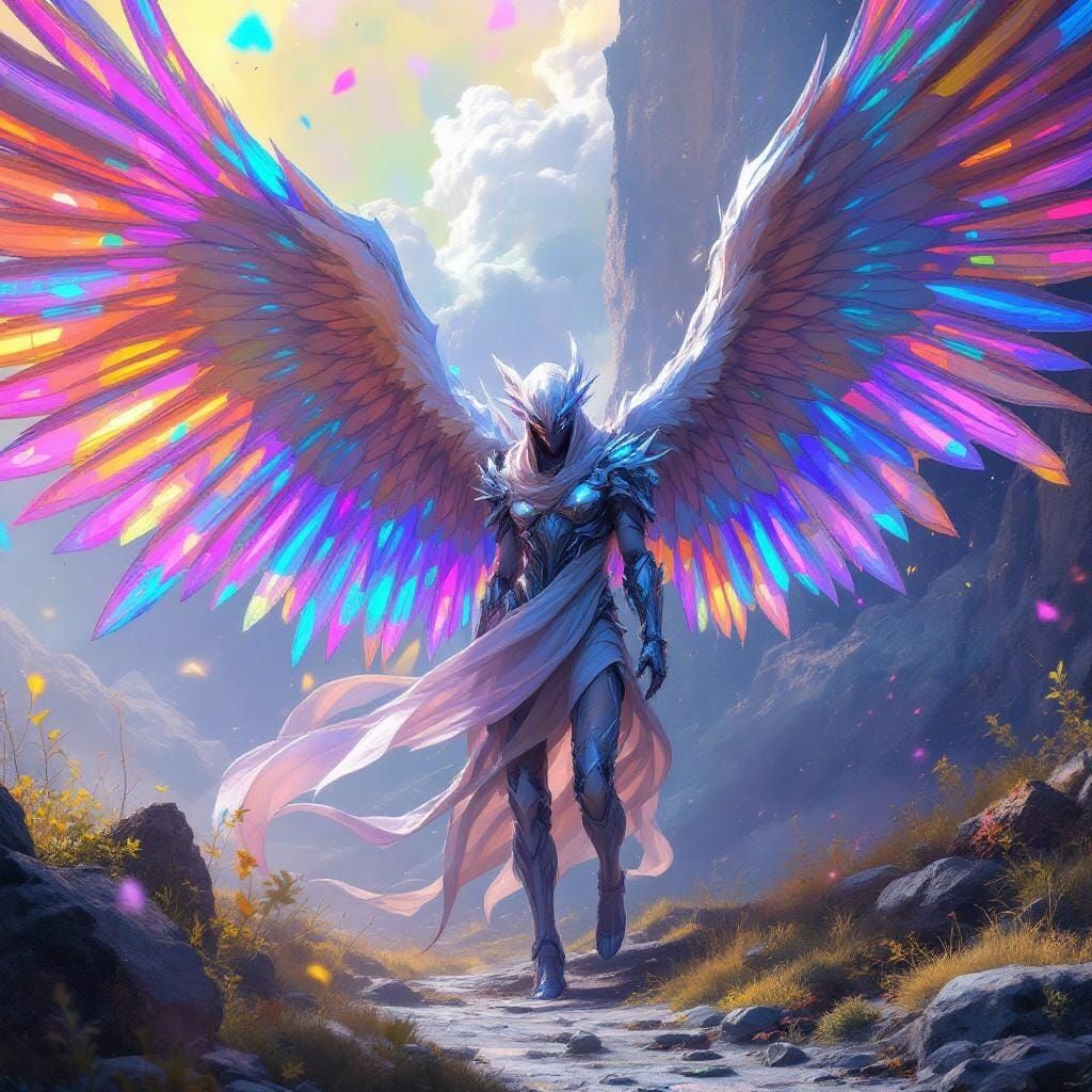 Winged Being in Mystical Realm in Cyberpunk Style