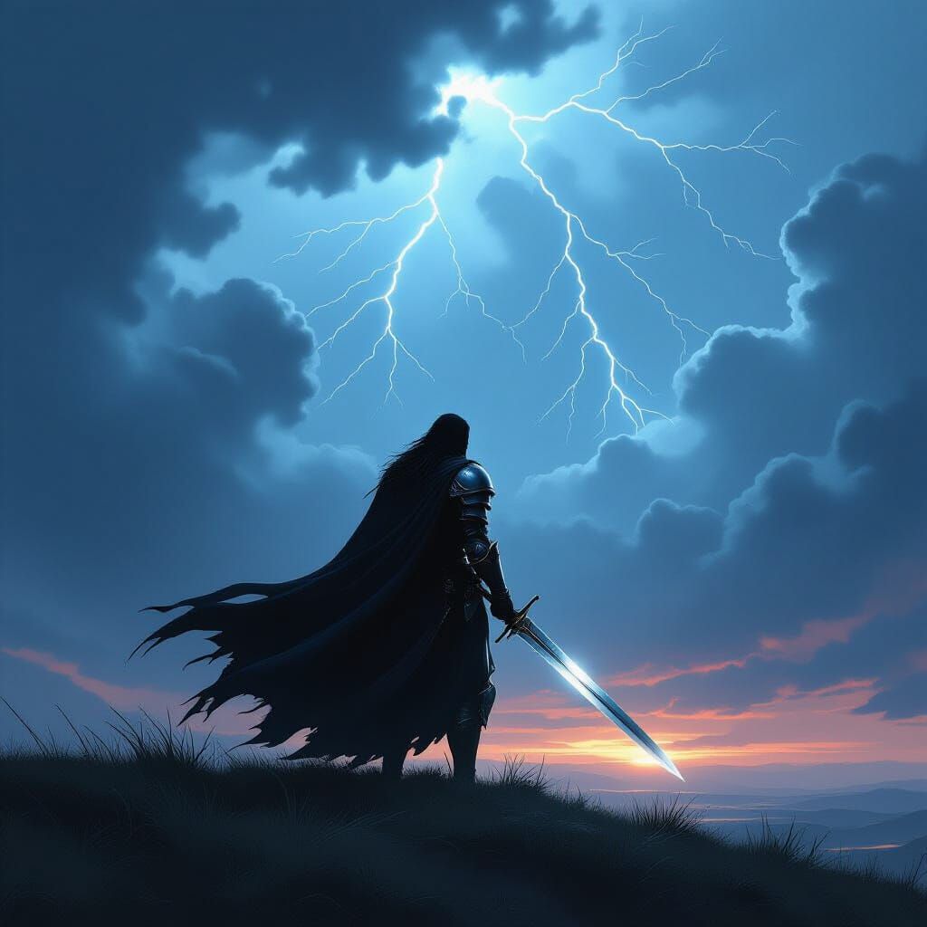 Lone Knight on Stormy Hill in Dark Fantasy Style