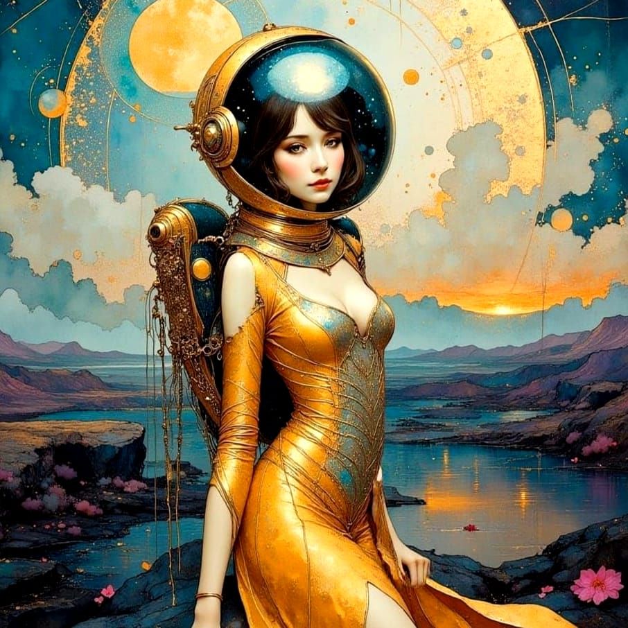 Retro-Futuristic Woman in Alien Landscape, Oil Painting