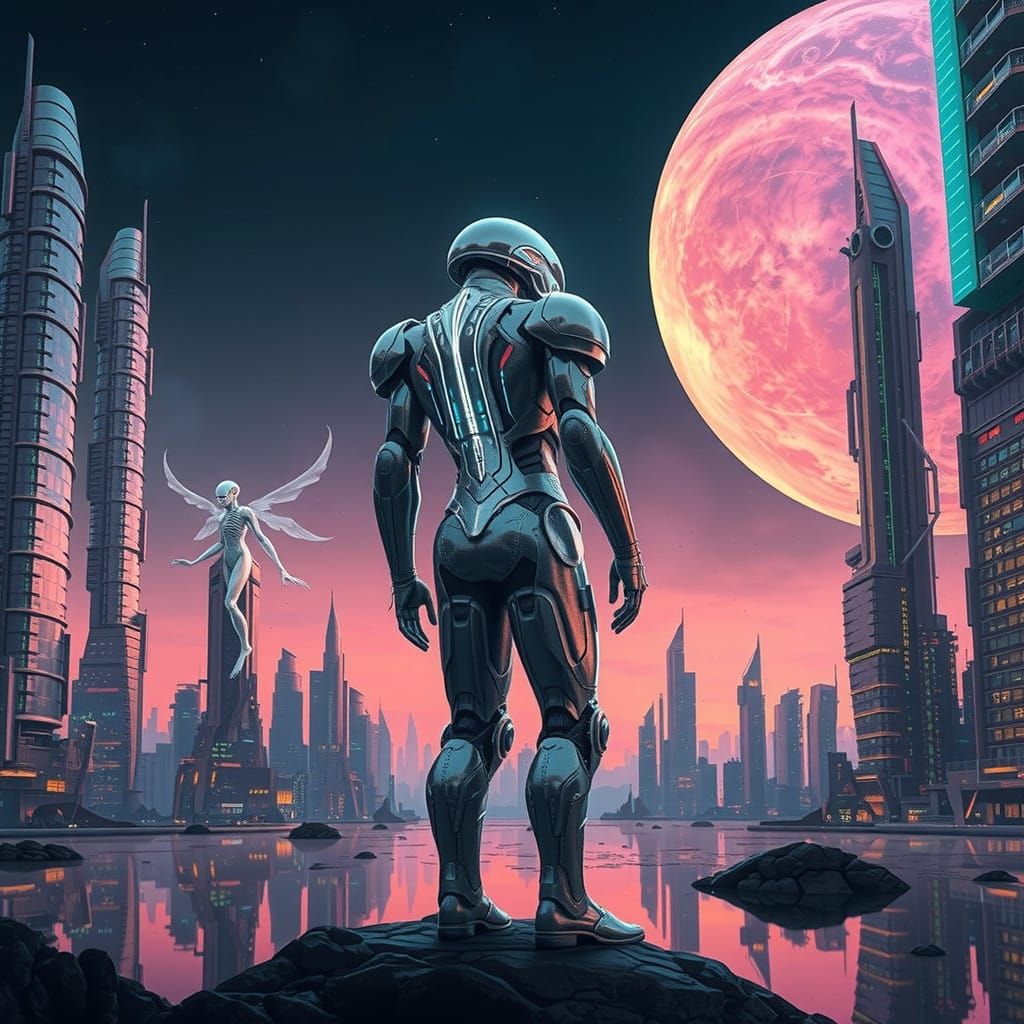 Majestic Alien Metropolis on Mars in Cyberpunk Style