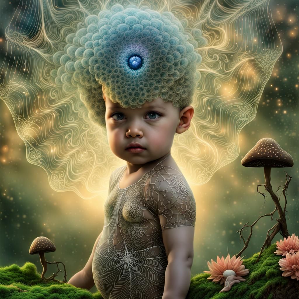 Toddler Chakra Goddess in Cyberpunk Cityscape