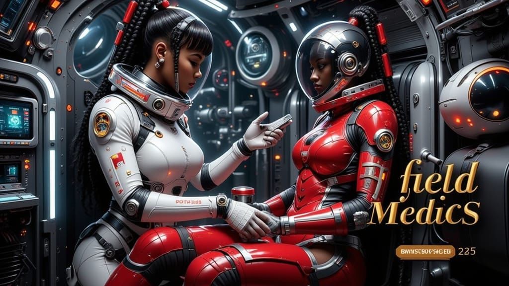 Cyberpunk Female Medics in High-Tech Spacesuits Attend to Wo...