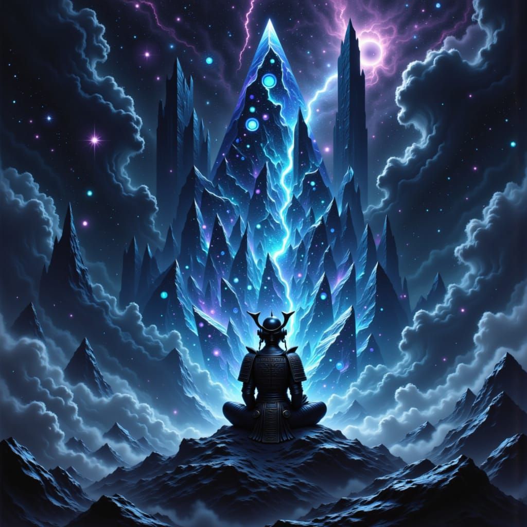 Samurai Meditating on Crystal Shard in Cosmic Void