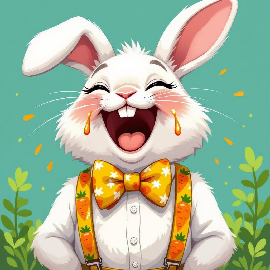 Laughing Bunny in Carrot Suspenders, Whimsical Art
