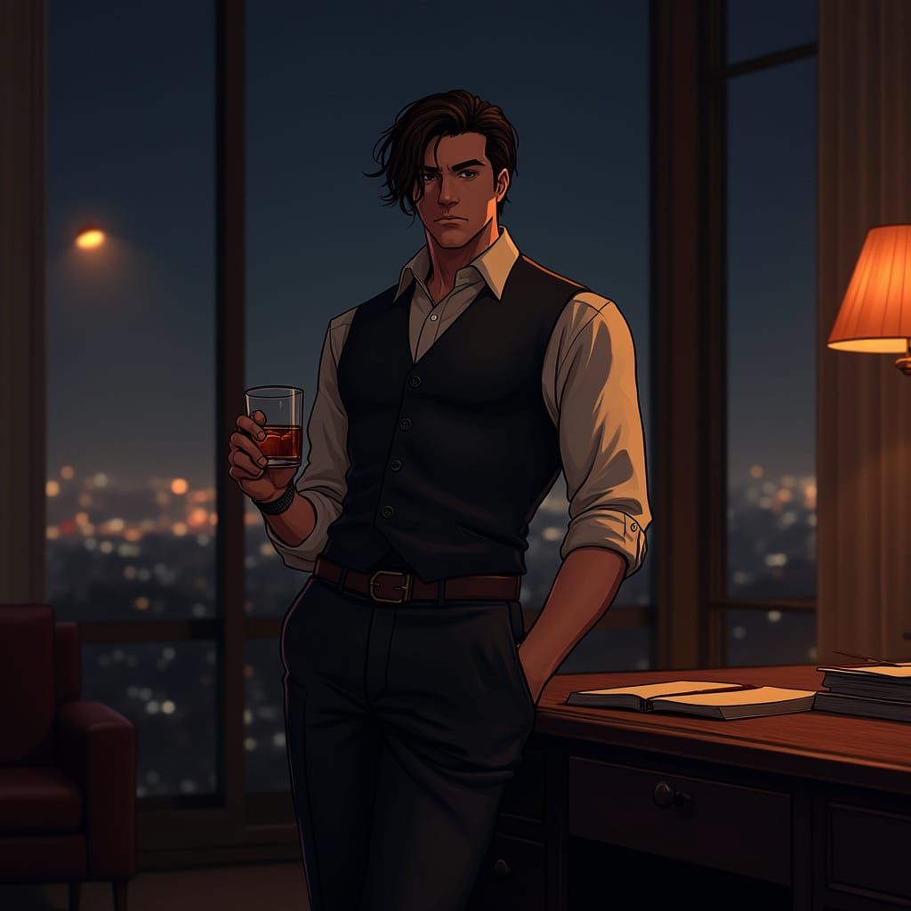 Man in Office at Night, Digital Art Style