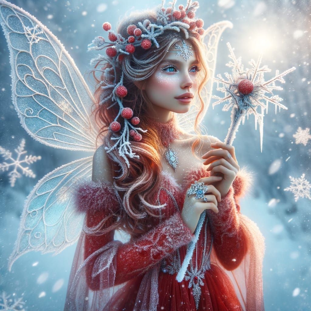 Winter Fairy in Red Amidst Snowfall