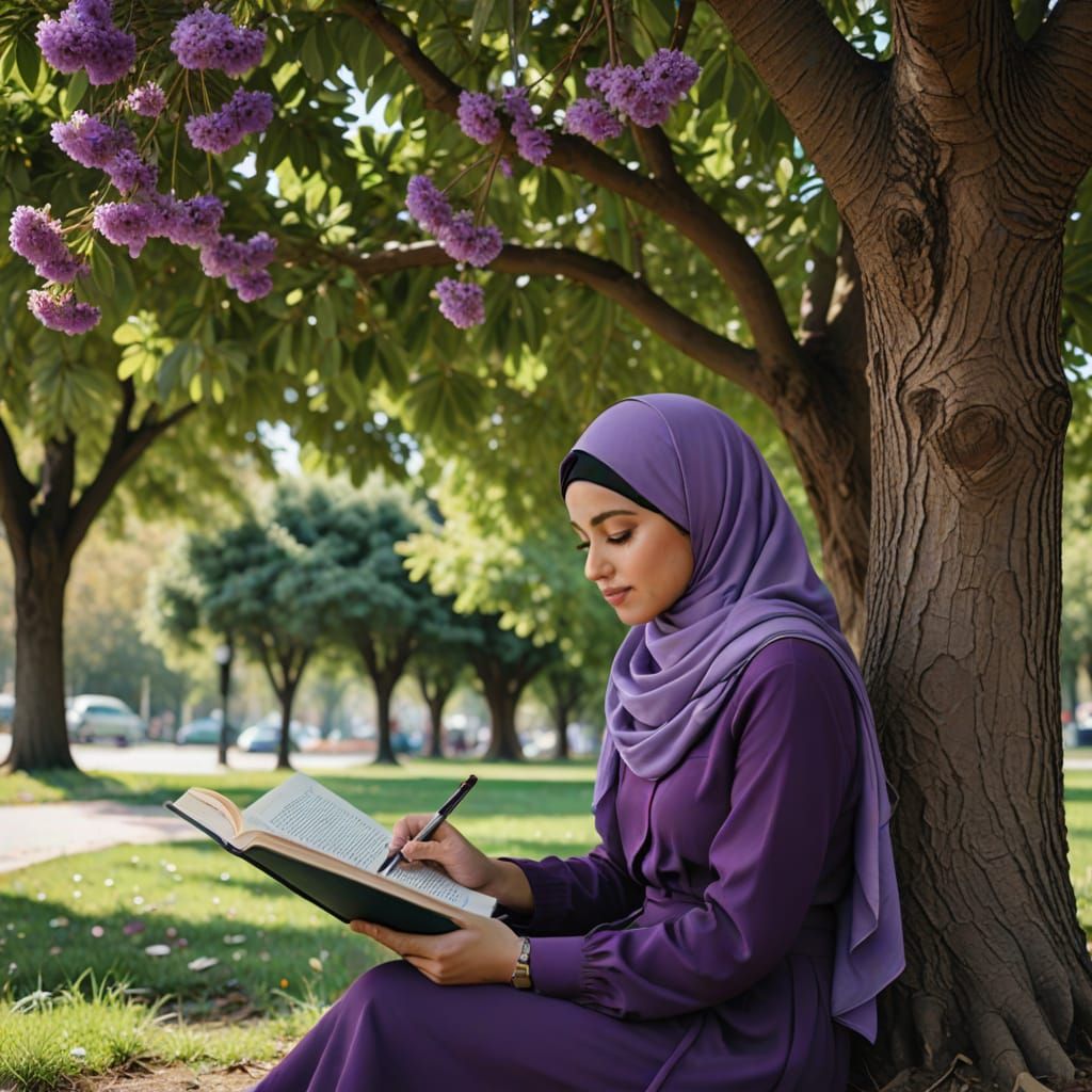 Woman in Purple Hijab Reading Under a Tree