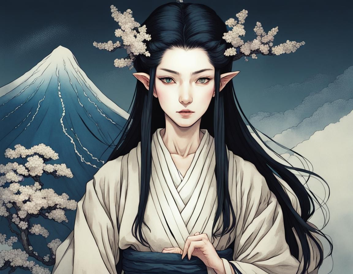 Elegant Elf Wizard in Ukiyo-e Style