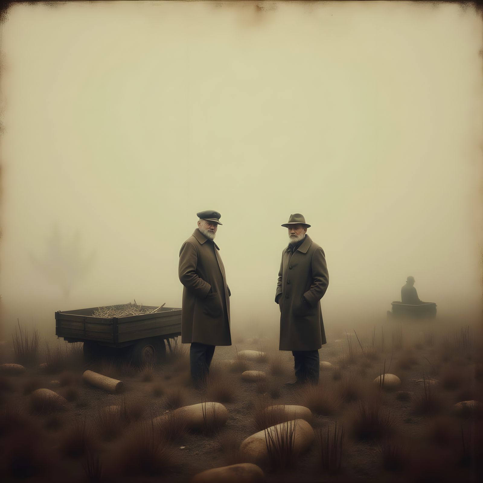Muted Figures Amidst Foggy Landscape in Sepia Tones