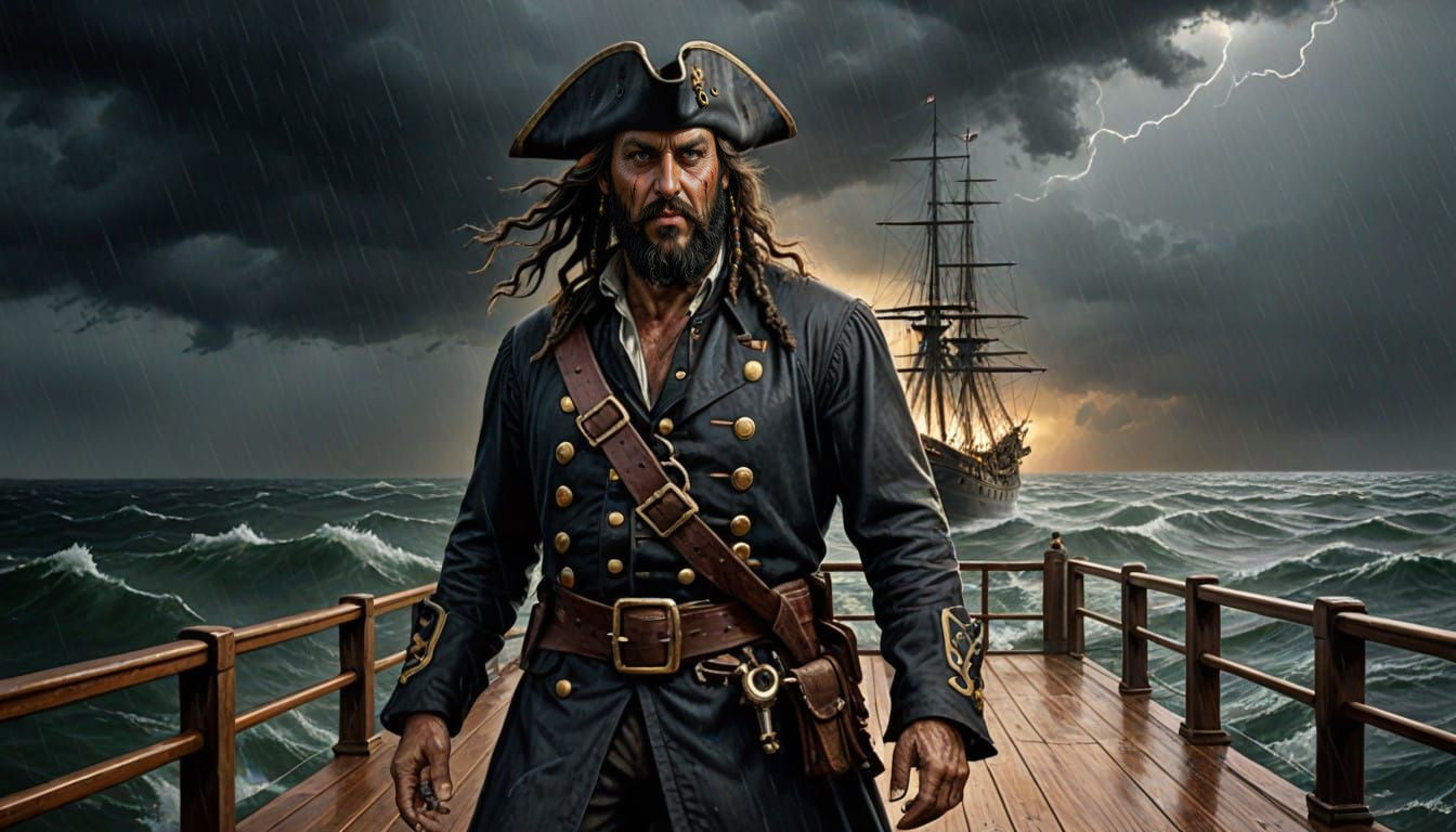 Hyperrealistic Portrait of Pirate Blackbeard in a Stormy Atm...