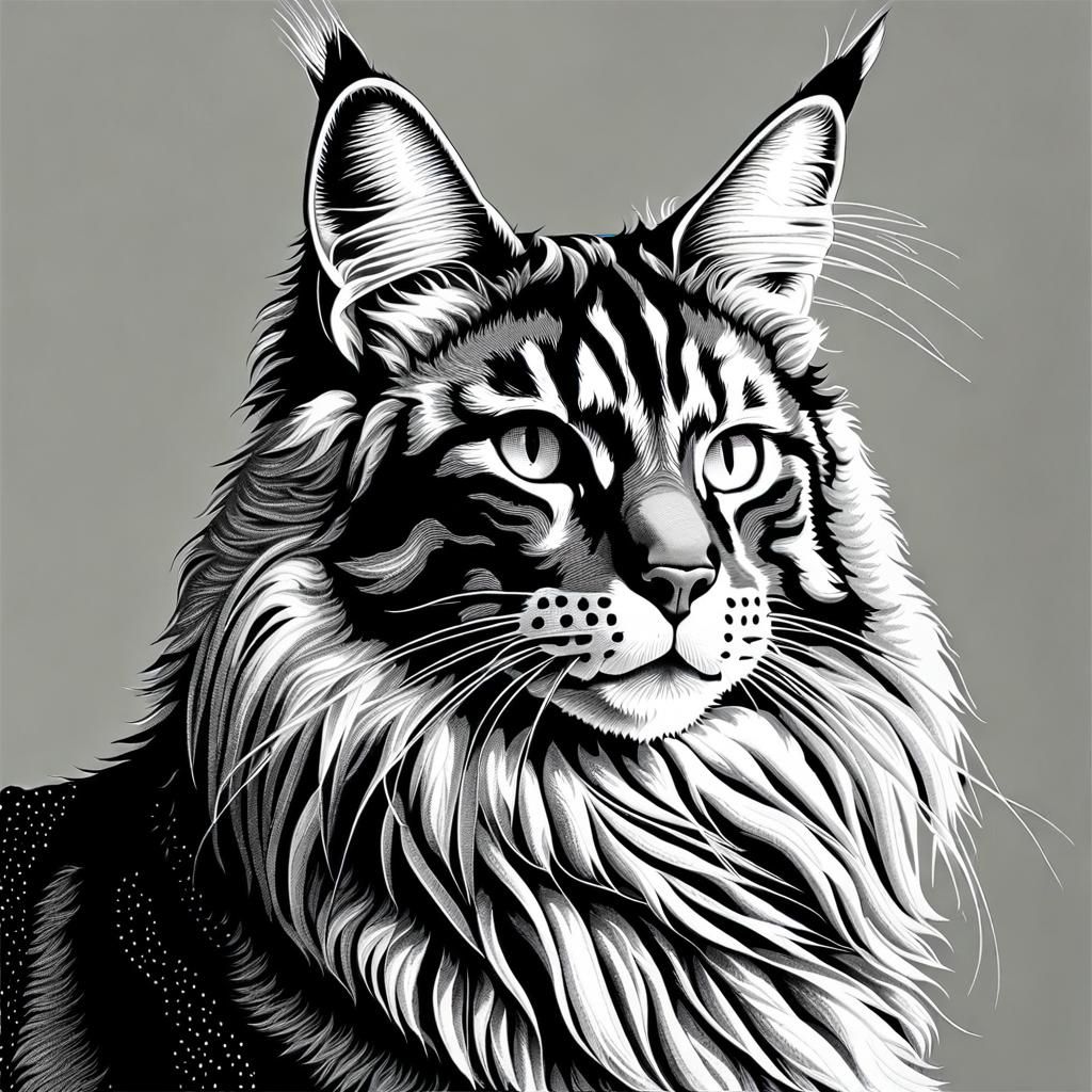 Majestic Maine Coon Cat in Ink Pointillism