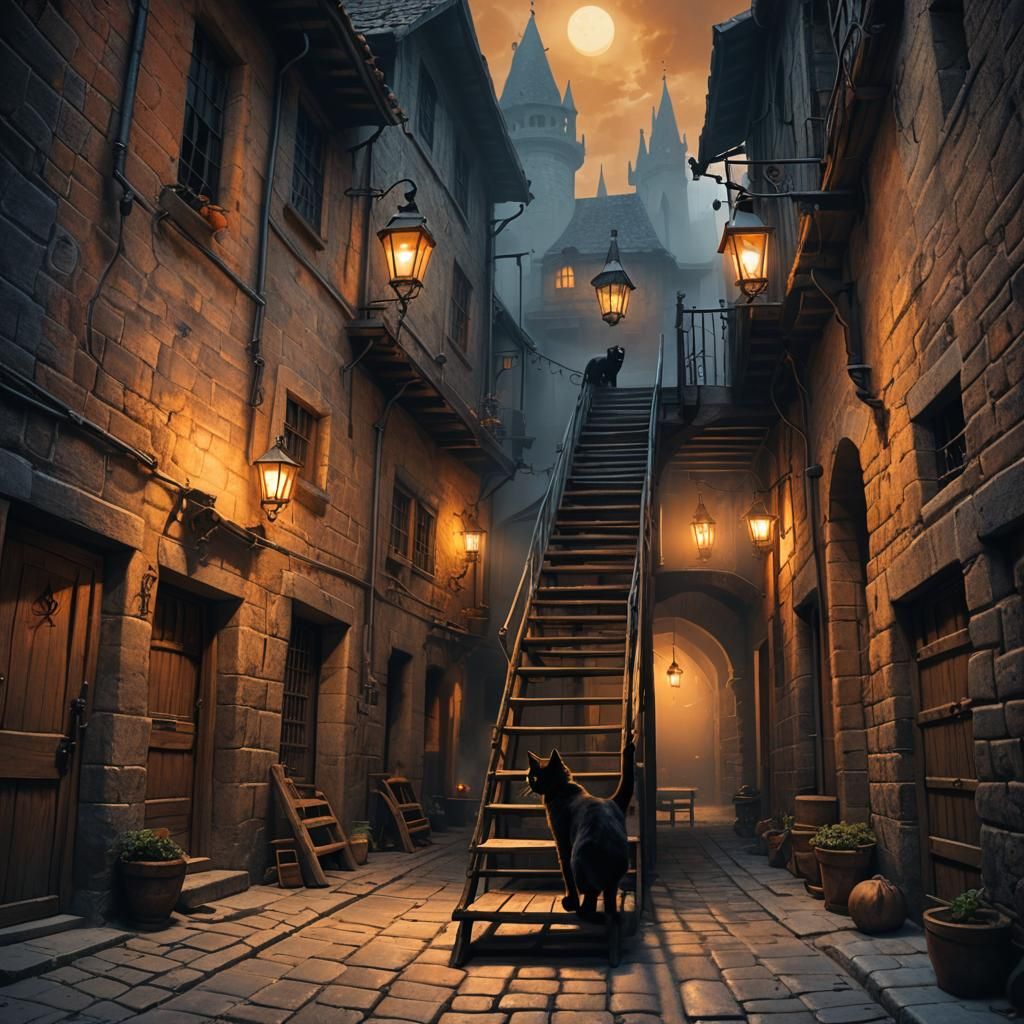 Black Cat Under Ladder in Dark Fantasy Alley