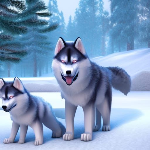 Husky Wolf and Cubs in Snowy Pines