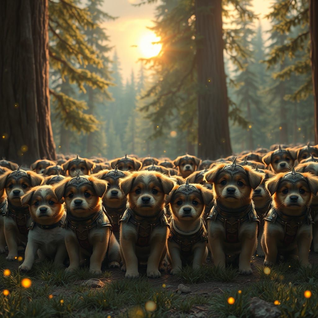 Fantastical Puppy Army in Vibrant Forest Landscape