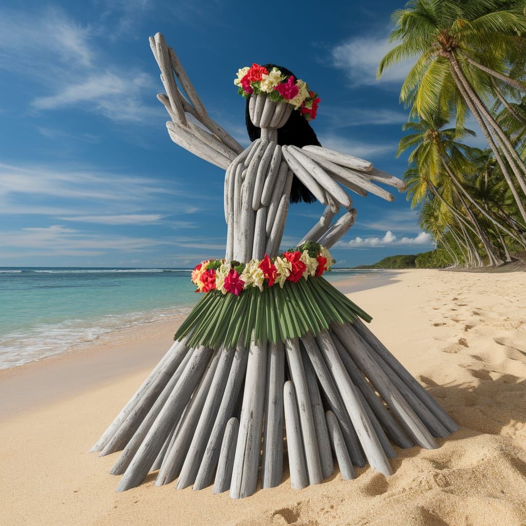 Driftwood Hula Dancer on Tropical Beach