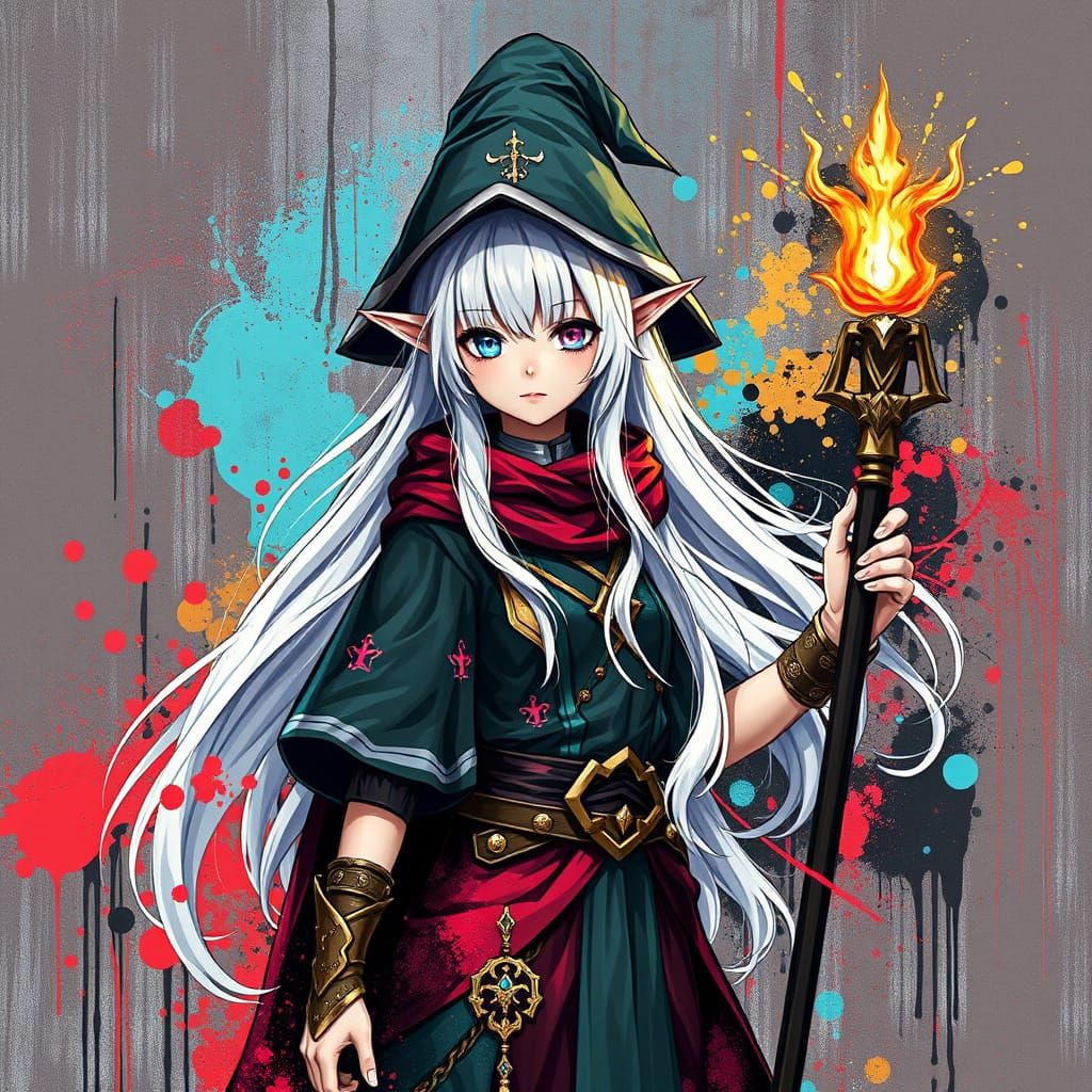 Ethereal Anime Elf Mage in Vibrant Graffiti Style