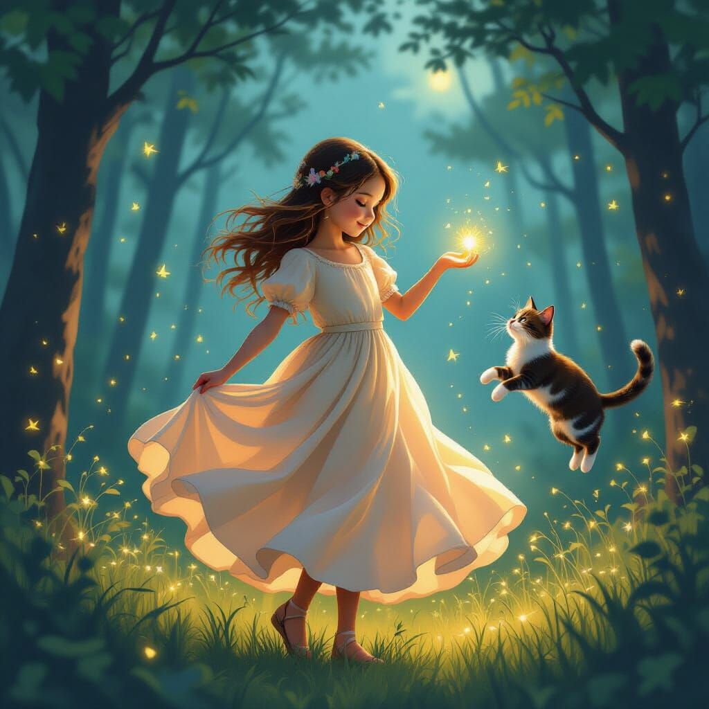 Twilight Dance: Girl, Cat, and Fireflies in Forest