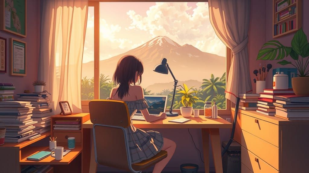 Serenely Seated Anime Girl in Cozy Bedroom with Majestic Mou...