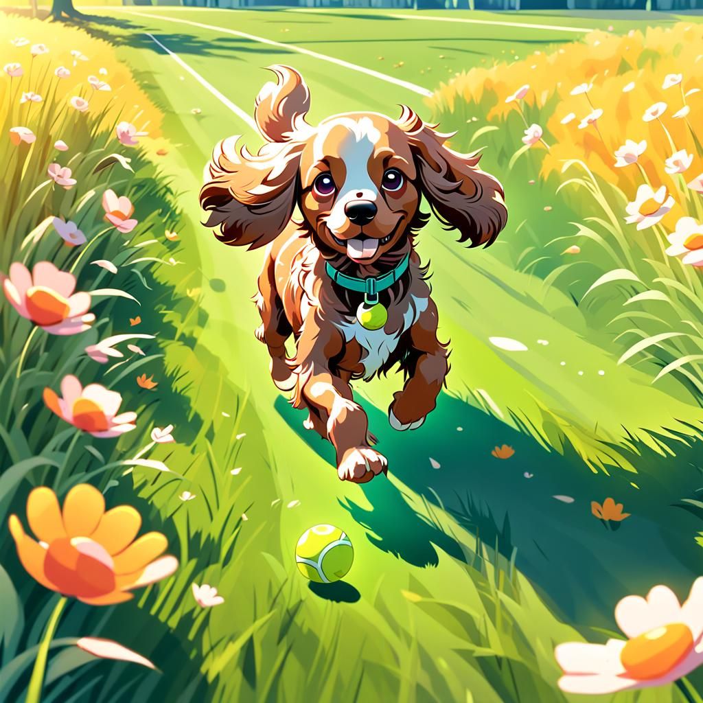 Cocker Spaniel Chasing Ball in 3D Anime Style
