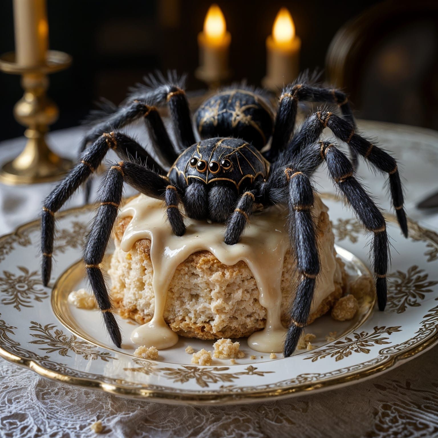 Giant Spider Devours Victorian Pudding in Gothic Close-Up