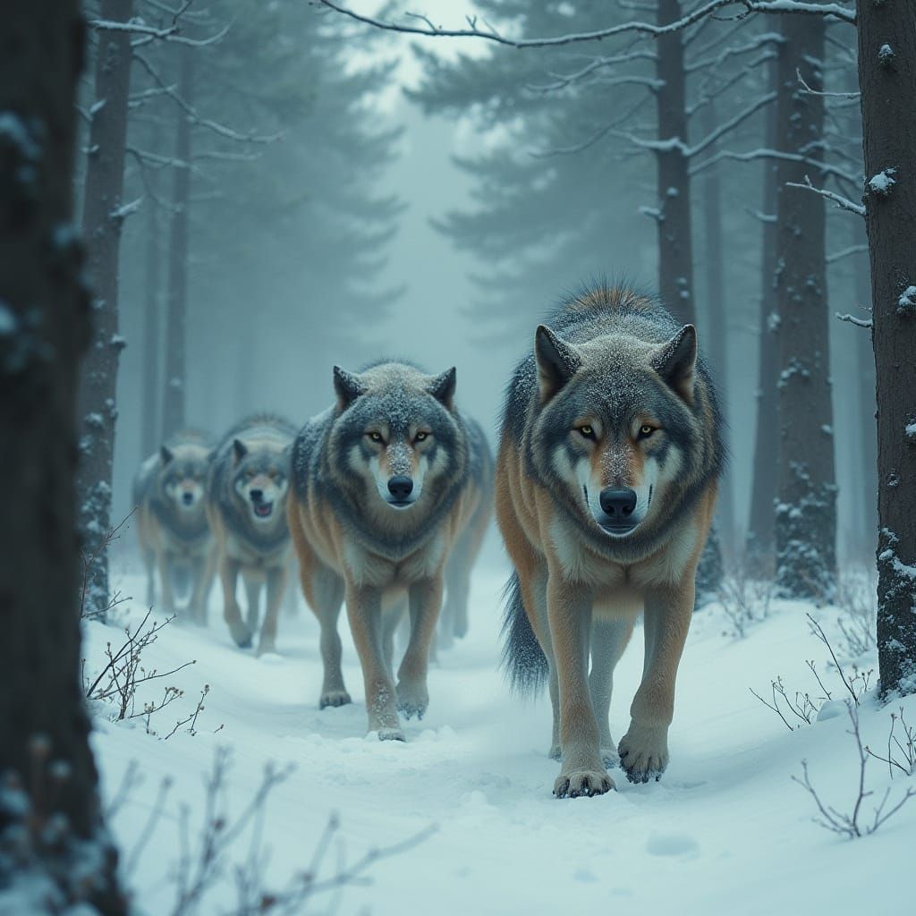 Wolves Hunt in a Winter Forest Scene