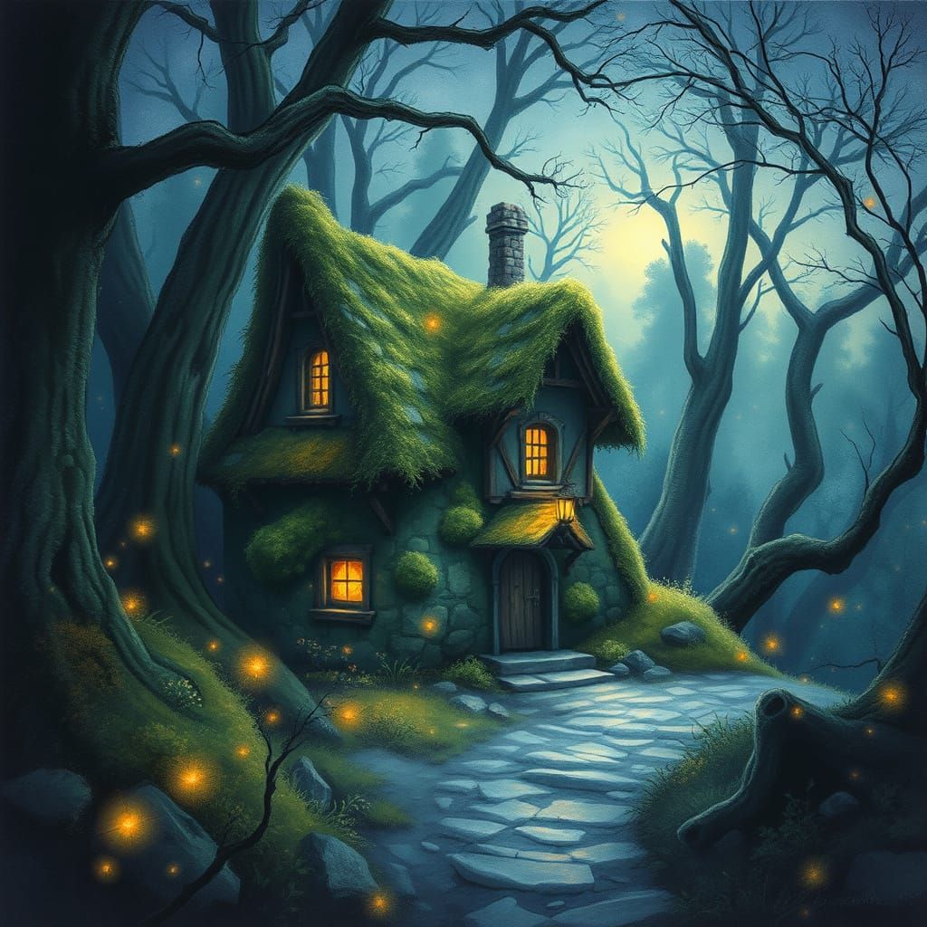 Enchanted Forest Cottage in Mystical Twilight Glow