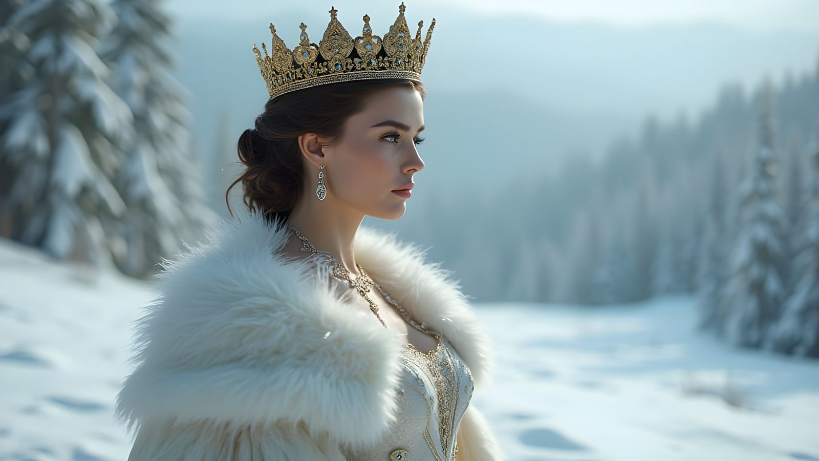 Regal Queen in Golden Crown and White Gown, Winter Landscape