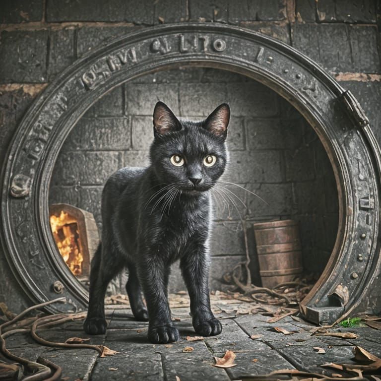 A black cat in a coal shed intricate details, HDR, beautiful...