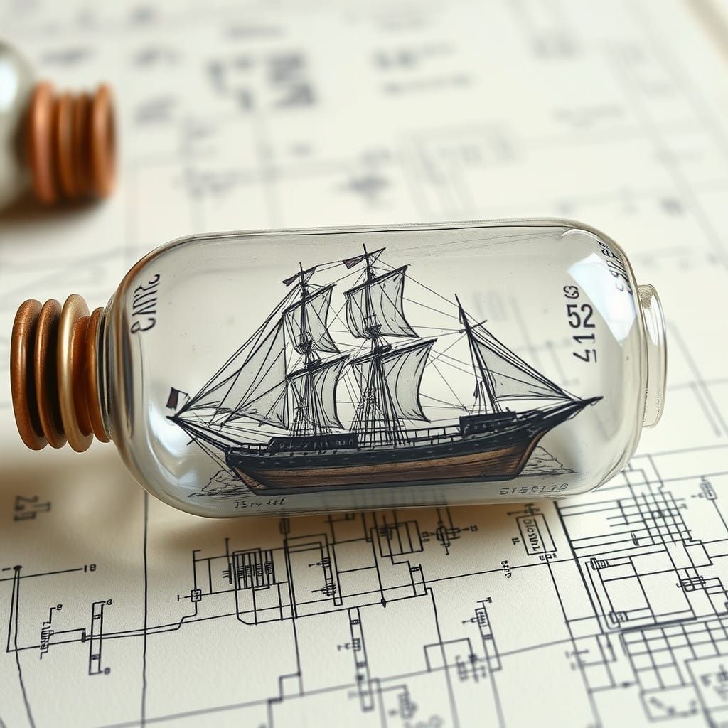 Vintage Ship Blueprint in Miniature Glass Bottle