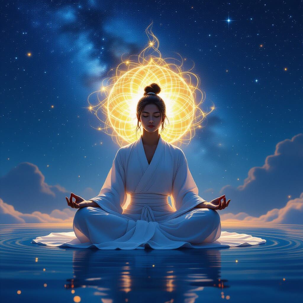 Meditating Figure Under Starry Sky: Digital Art