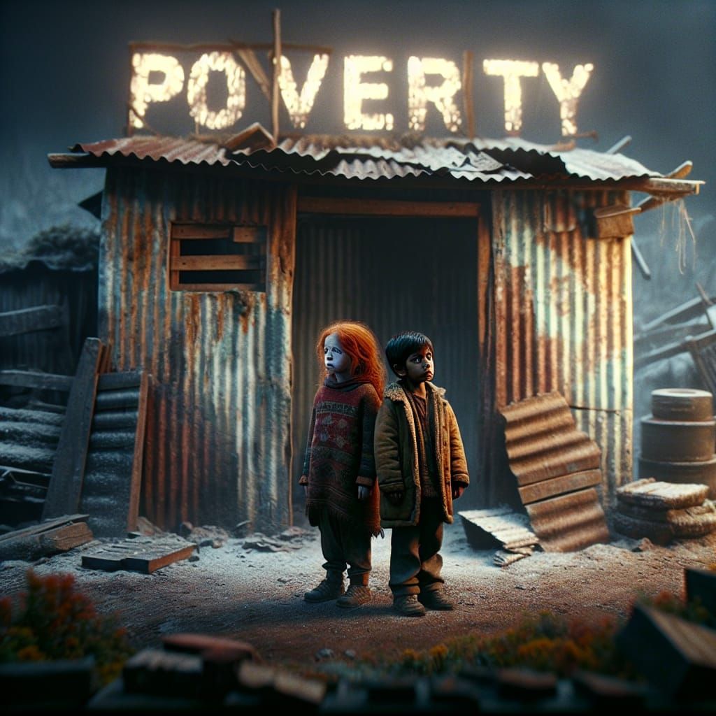 Hyperrealistic Image of Impoverished Children Near Shelter