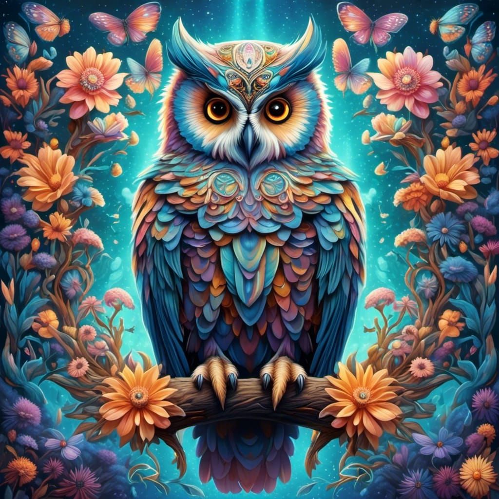 Holographic Fairy Owl in Astral Cosmic Illustration