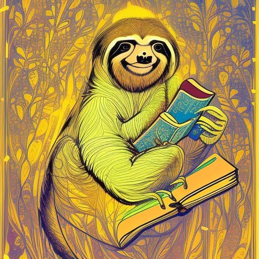 Sloth Reading in Library: Digital Concept Art