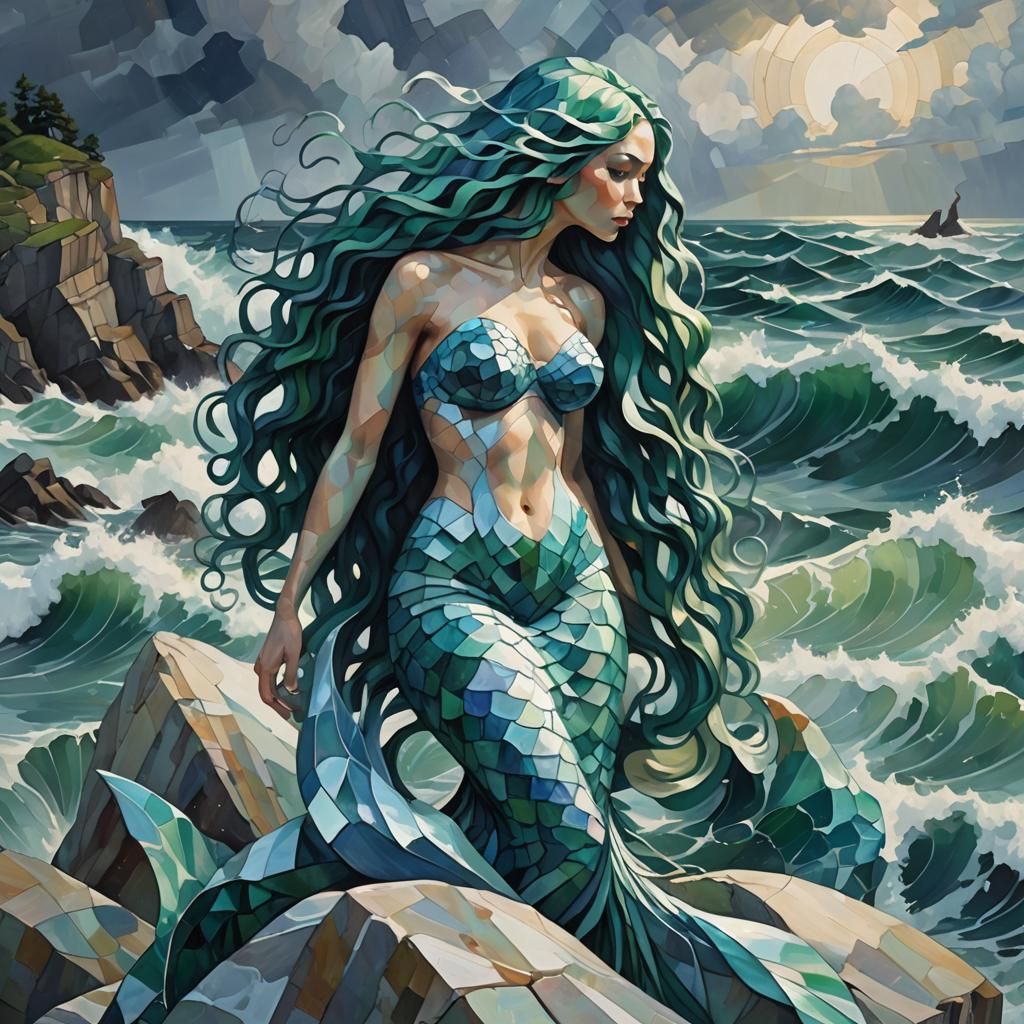 Cubist Mermaid on Stormy Seas: Abstract Geometric Art