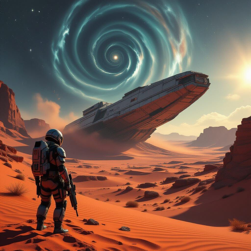 Lone Soldier on Alien Planet with Derelict Spaceship