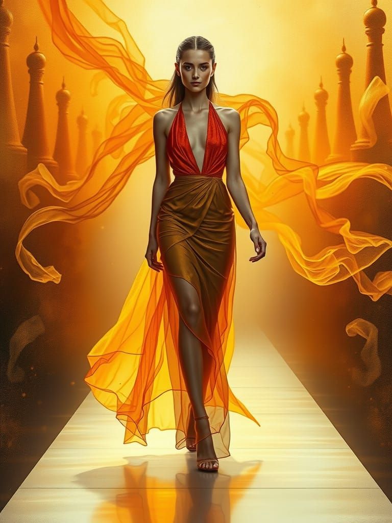 Elegant Woman Dissolves into Smoke on Golden Runway