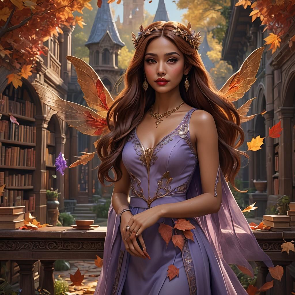 Auburn-Haired Autumn Fairy in Library, Detailed Matte Painti...