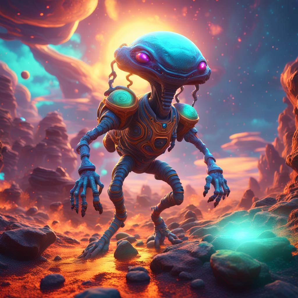 Cartoon Alien Hopping on a Fantasy Planet