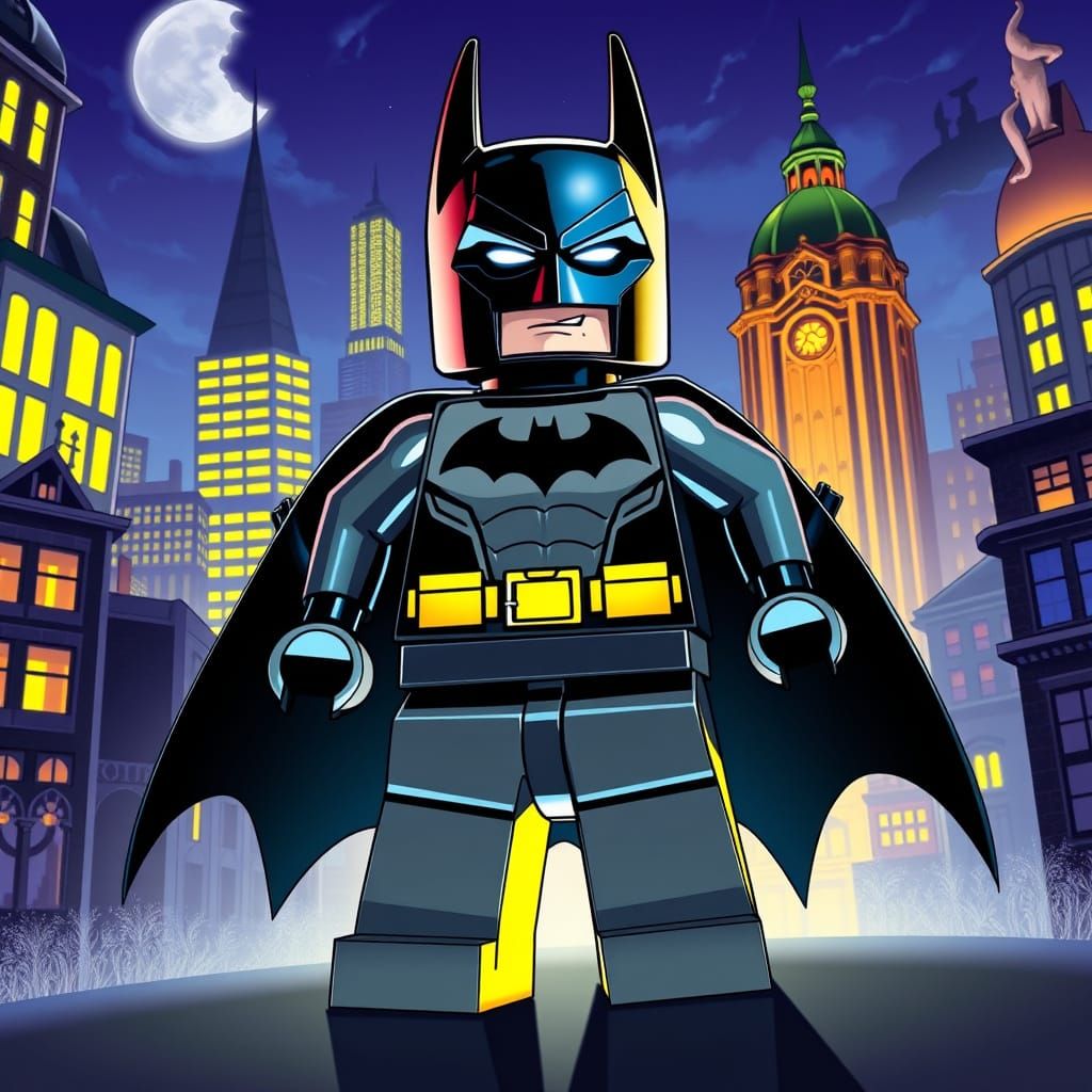 Heroic Lego Batman in Gotham City Nightscape