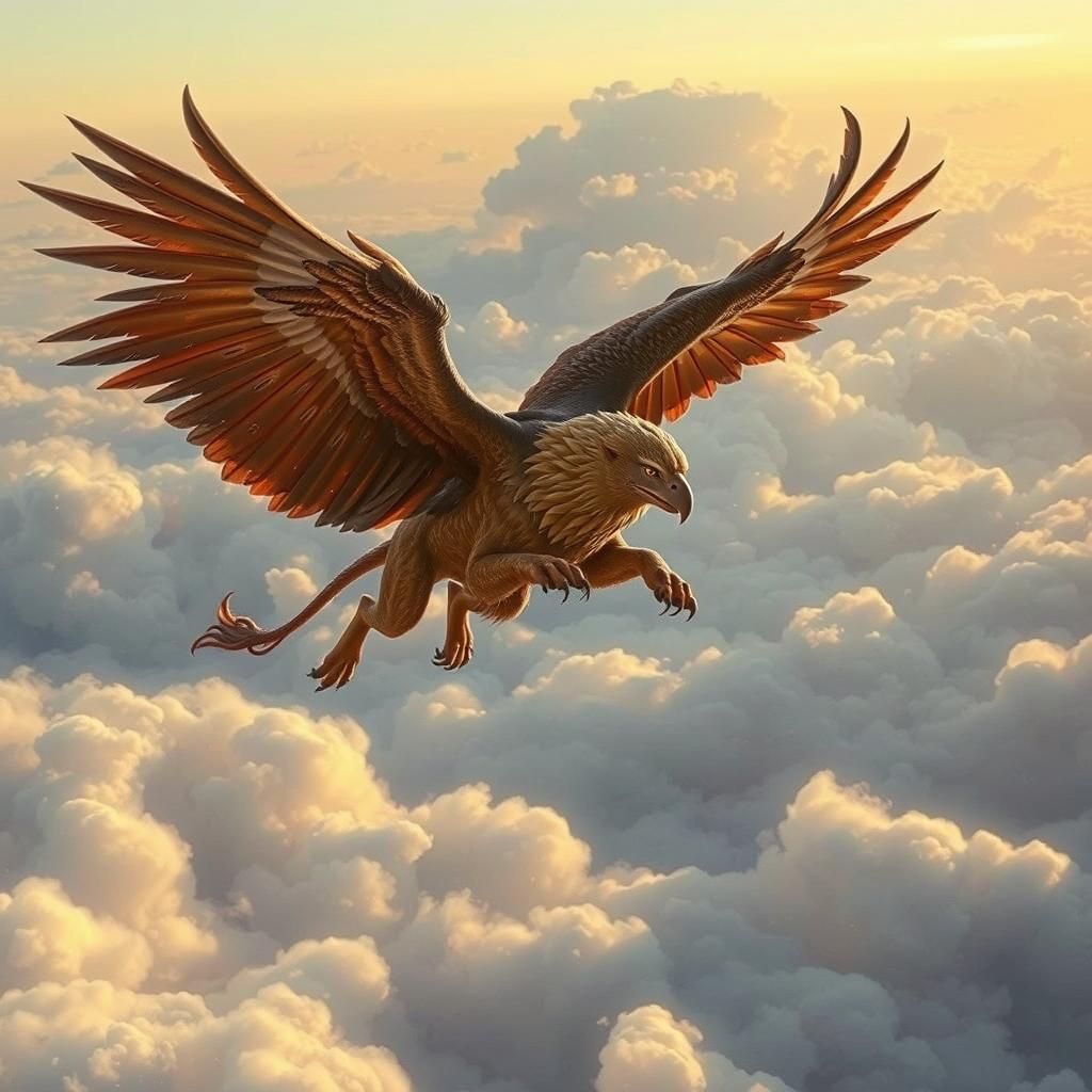 Majestic Griffin Soaring Above Billowy Clouds