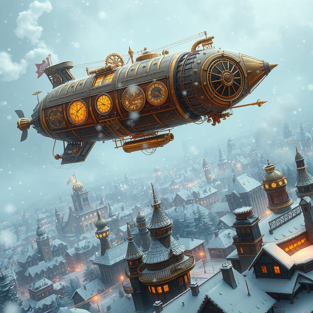 Steampunk Airship in Blizzard, Digital Art